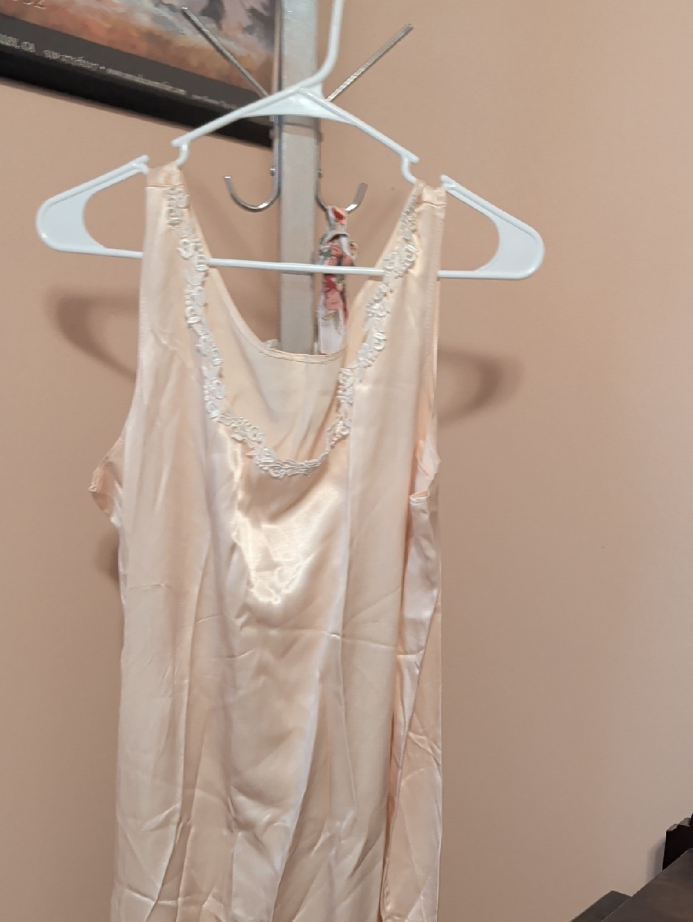 Vintage Satin Maxi Slip Dress in Pale Cream with Lace Trim